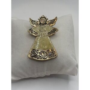 Vintage Kenneth  Cole Gold Tone Angel Brooch Cream Enamel Rhinestone Style Pin